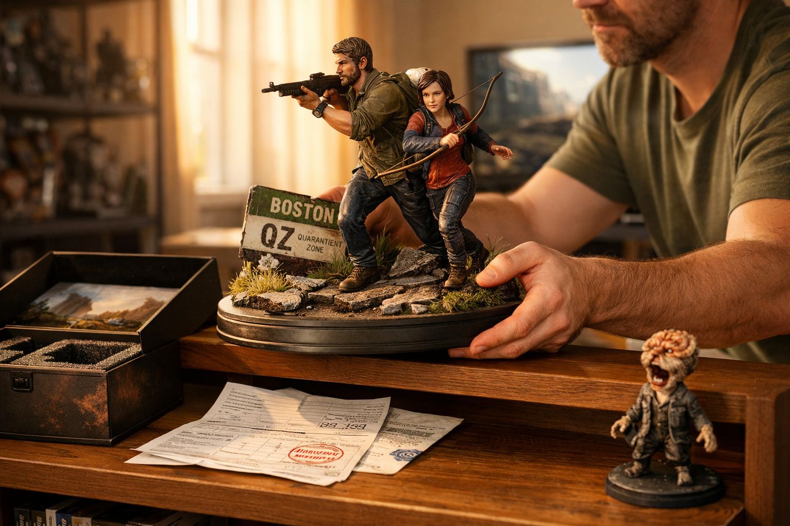 Pessoa segurando estatueta de personagens armados sobre base com placa "Boston QZ Quarantine Zone" em mesa com documentos e c