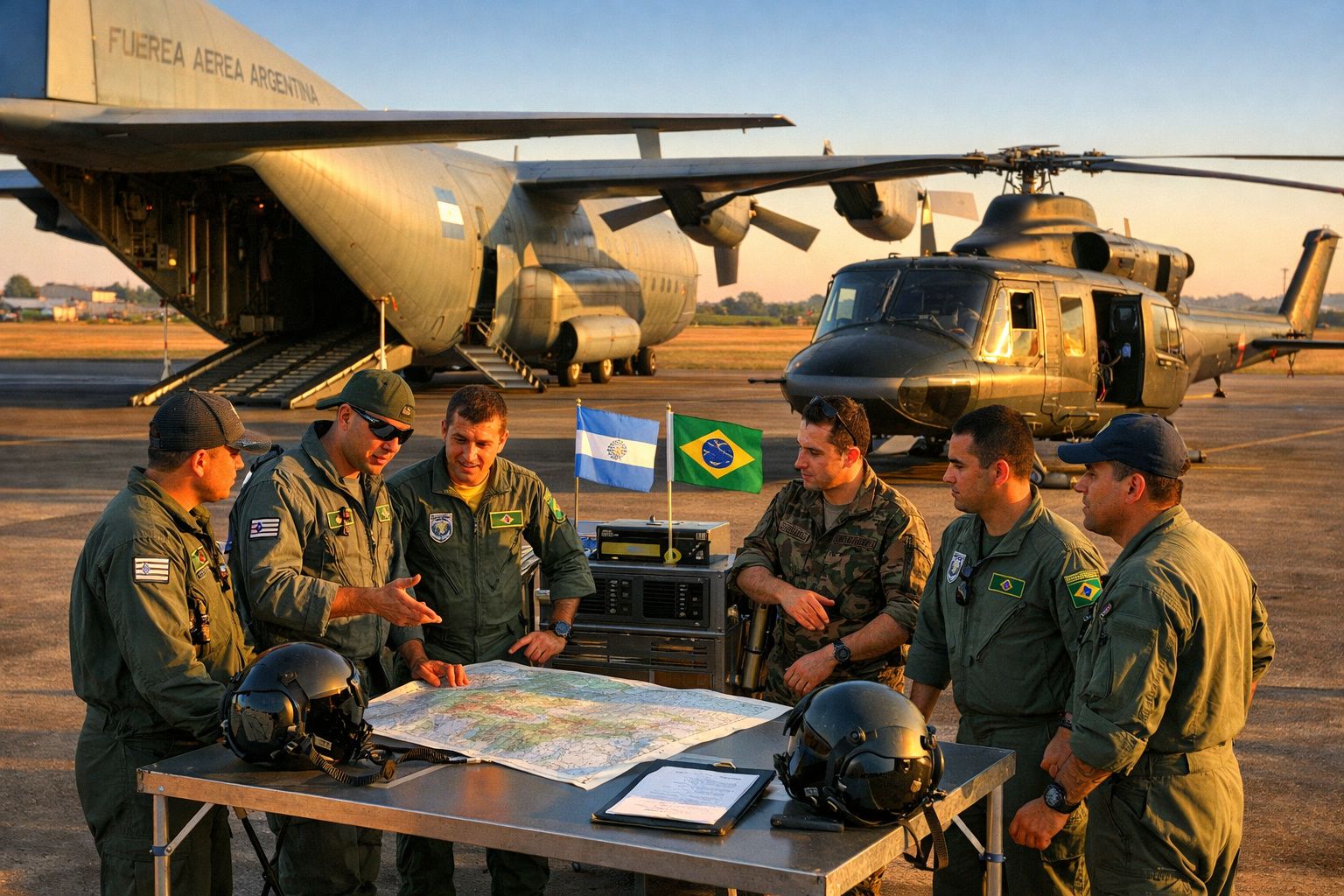 Militares argentinos e brasileiros discutindo mapa em base aérea, com aeronave e helicóptero ao fundo.