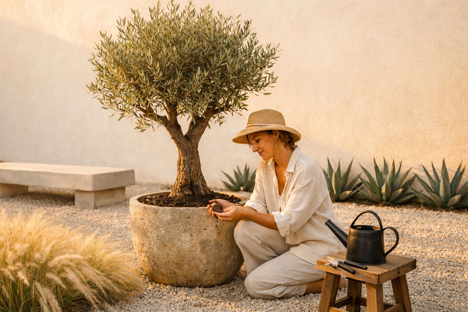 Mulher com chapéu cuidando de uma planta em vaso grande, jardim com regador e ferramentas ao lado.