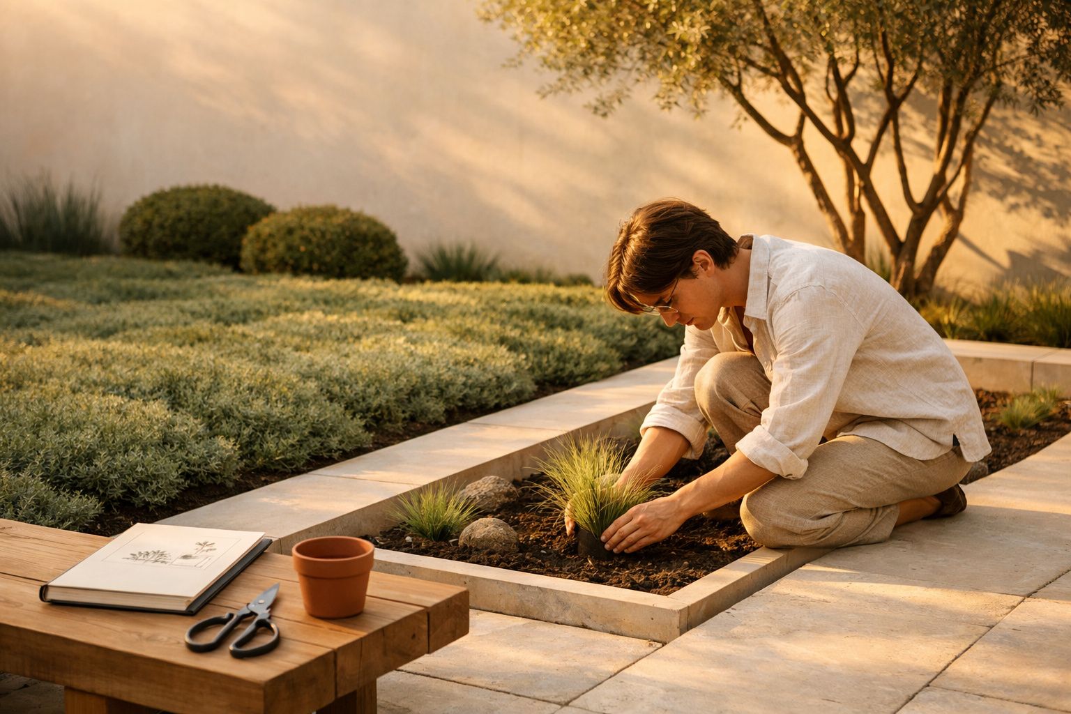 Pessoa jovem plantando grama em canteiro no jardim ao ar livre durante o dia ensolarado.