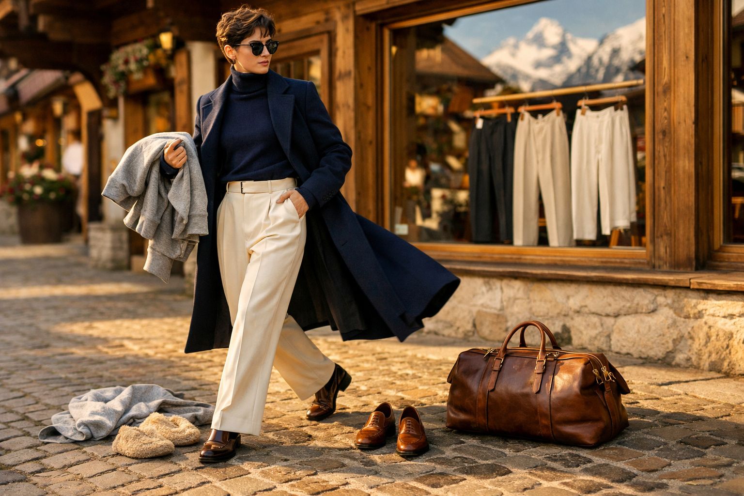 Mulher estilosa com casaco azul escuro e calça clara caminha em rua de paralelepípedo com malas e roupas ao redor.