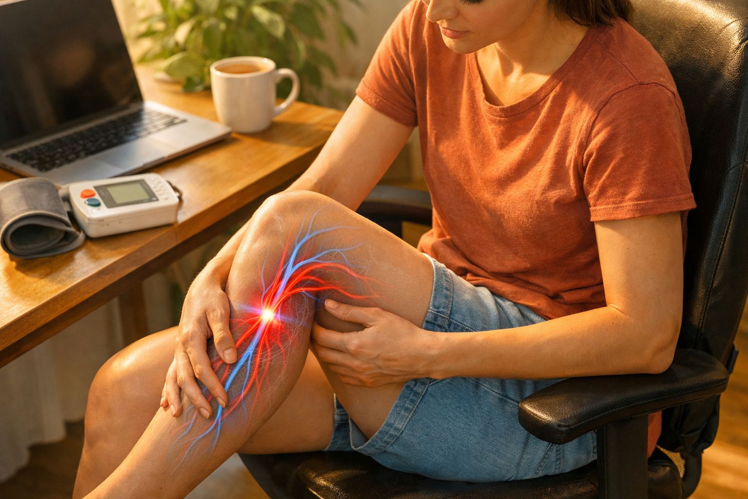 Pessoa sentada segurando a perna com dor simulada na articulação do joelho em ambiente de escritório.