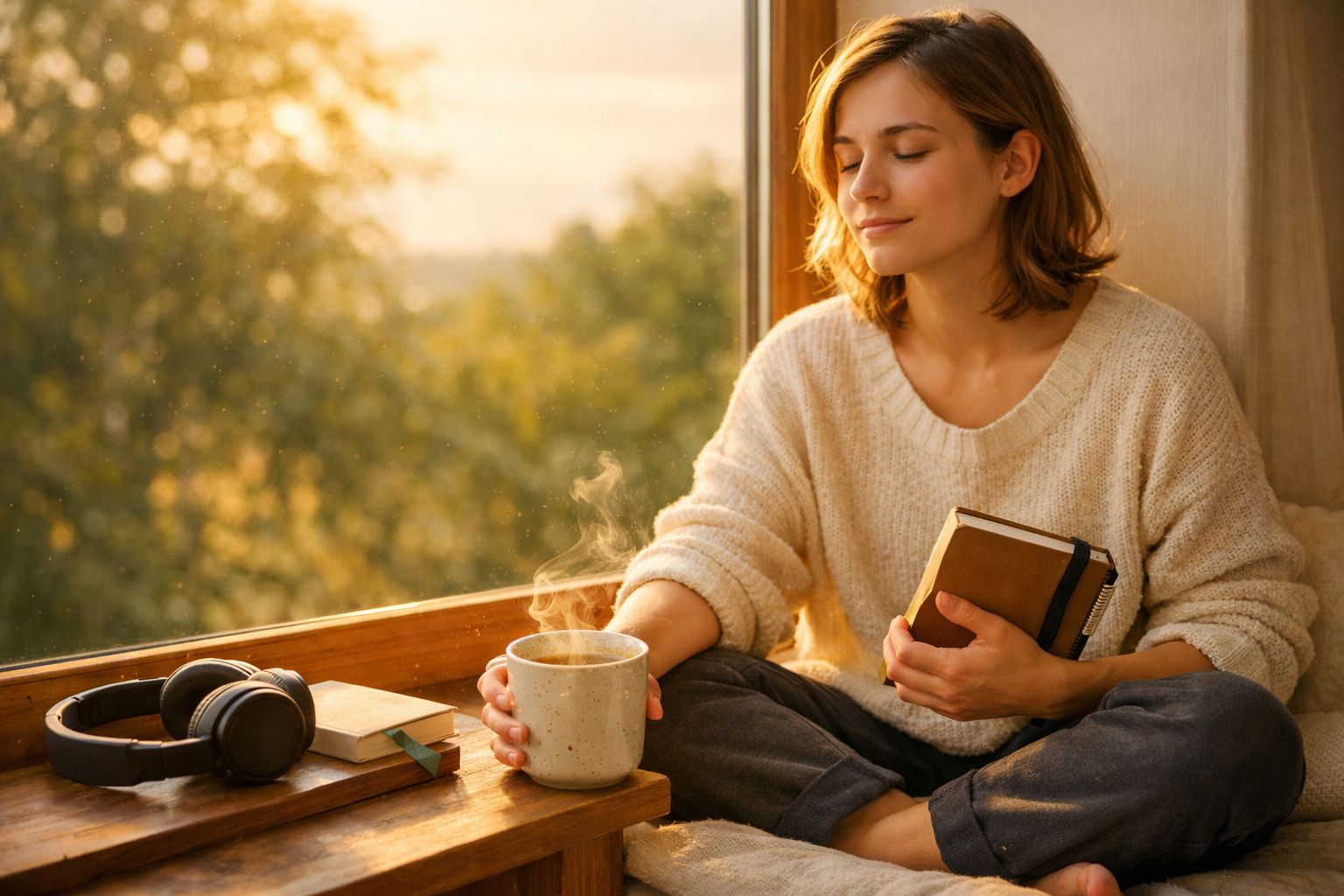 Jovem mulher de suéter branco sentada junto à janela segurando um livro e uma xícara de café quente.