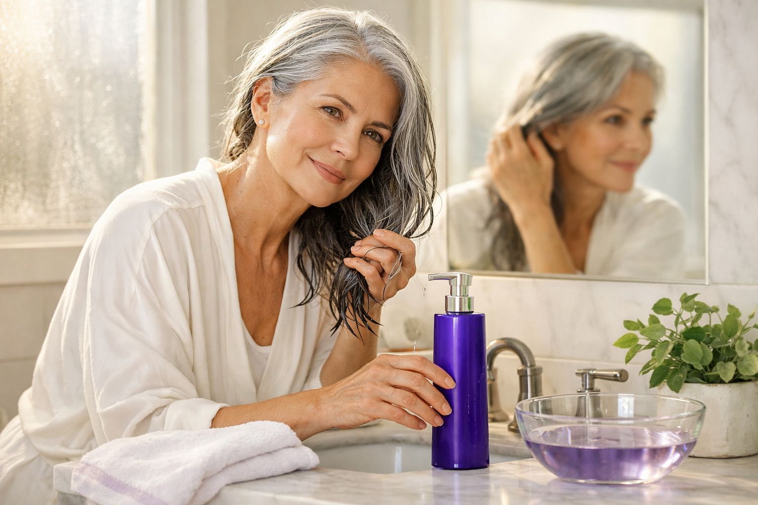 Mulher madura sorrindo enquanto aplica produto no cabelo no banheiro com espelho e planta.