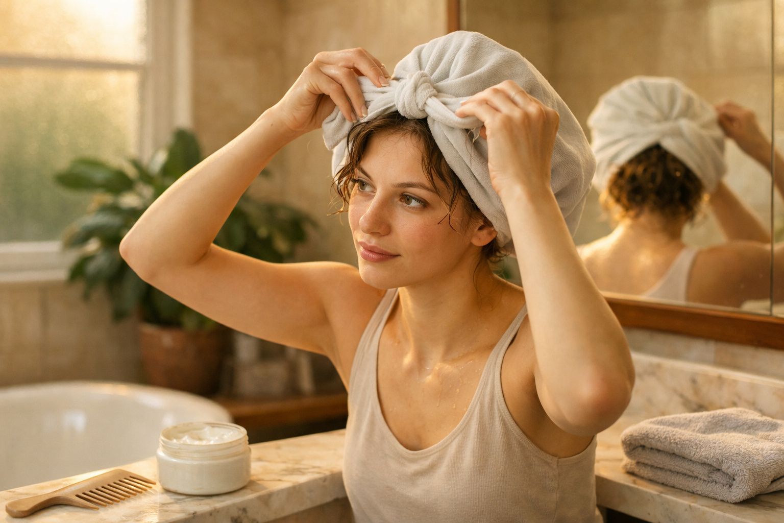Mulher com toalha na cabeça ajeita o turbante após banho em banheiro iluminado.