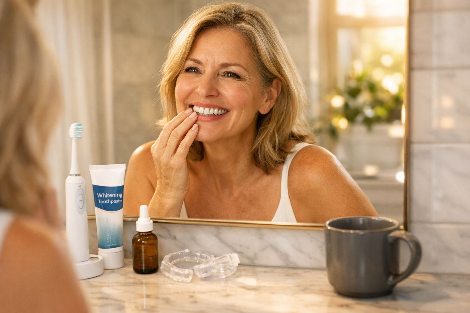 Mulher sorrindo no banheiro, olhando no espelho, ao lado de produtos de clareamento dental.
