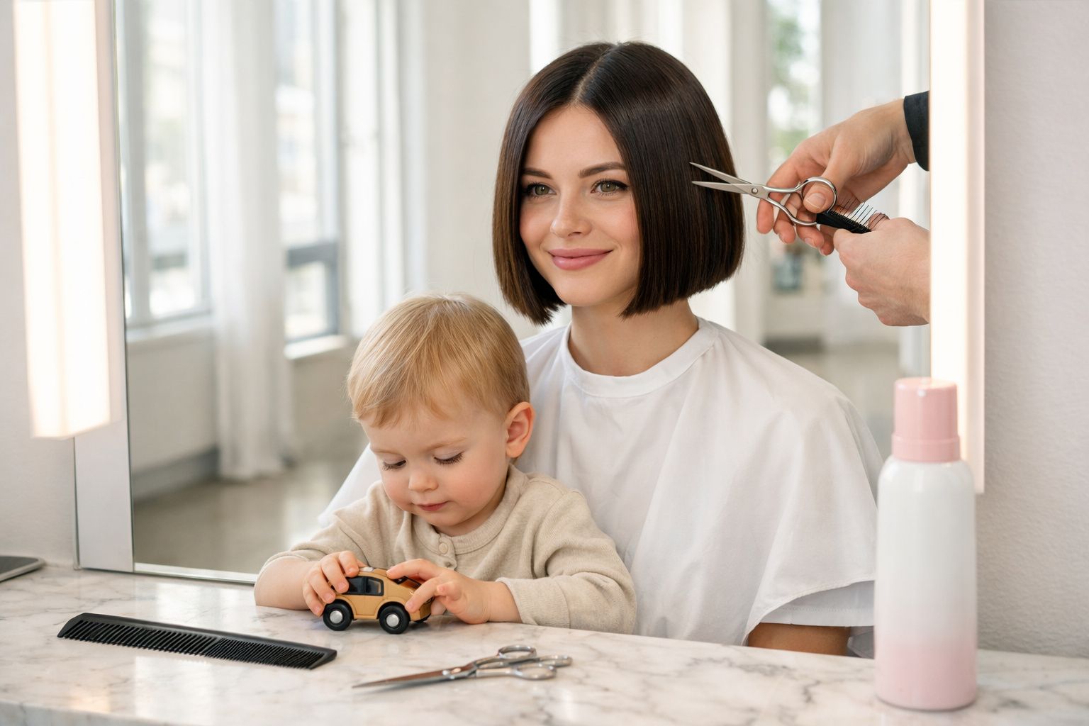 Mulher com capa de salão de beleza cortando o cabelo enquanto bebê brinca com carrinho na frente do espelho.