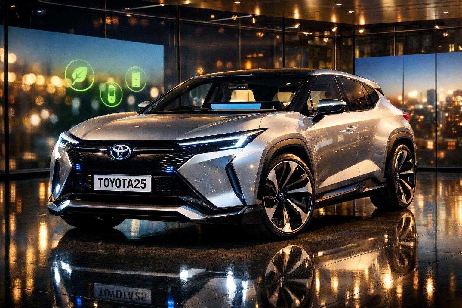 Carro SUV Toyota prata moderno em ambiente interno com iluminação e ícones digitais verdes ao fundo.