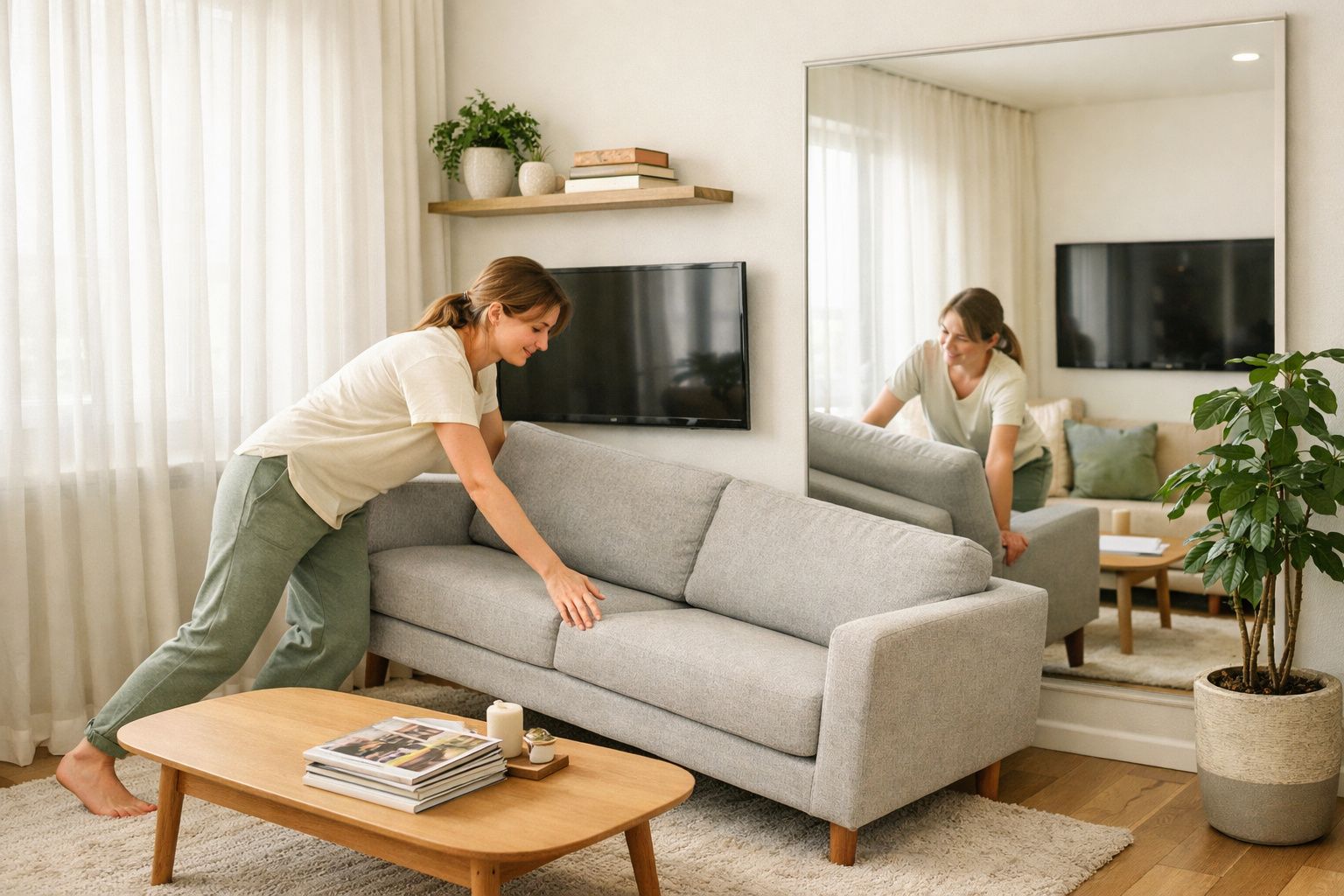 Mulher arrumando sofá cinza em sala clara com espelho, televisão e plantas.
