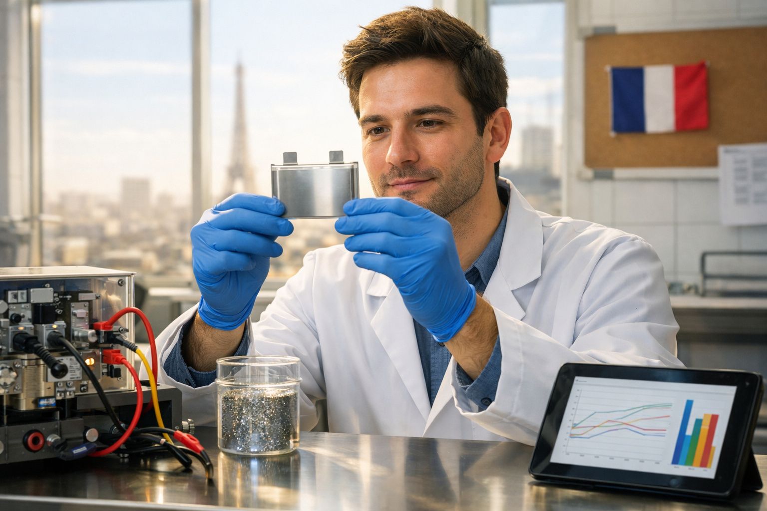 Cientista com jaleco e luvas azuis examina componente em laboratório com gráficos e equipamentos eletrônicos.