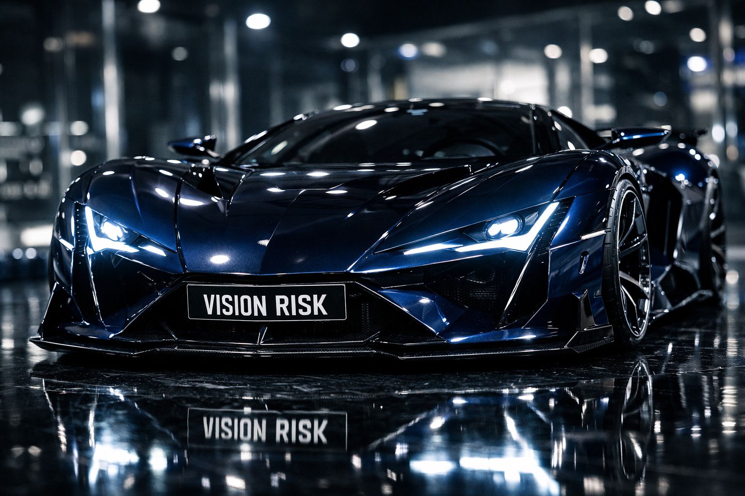 Carro esportivo azul escuro com faróis acesos e placa escrita Vision Risk em ambiente urbano noturno.