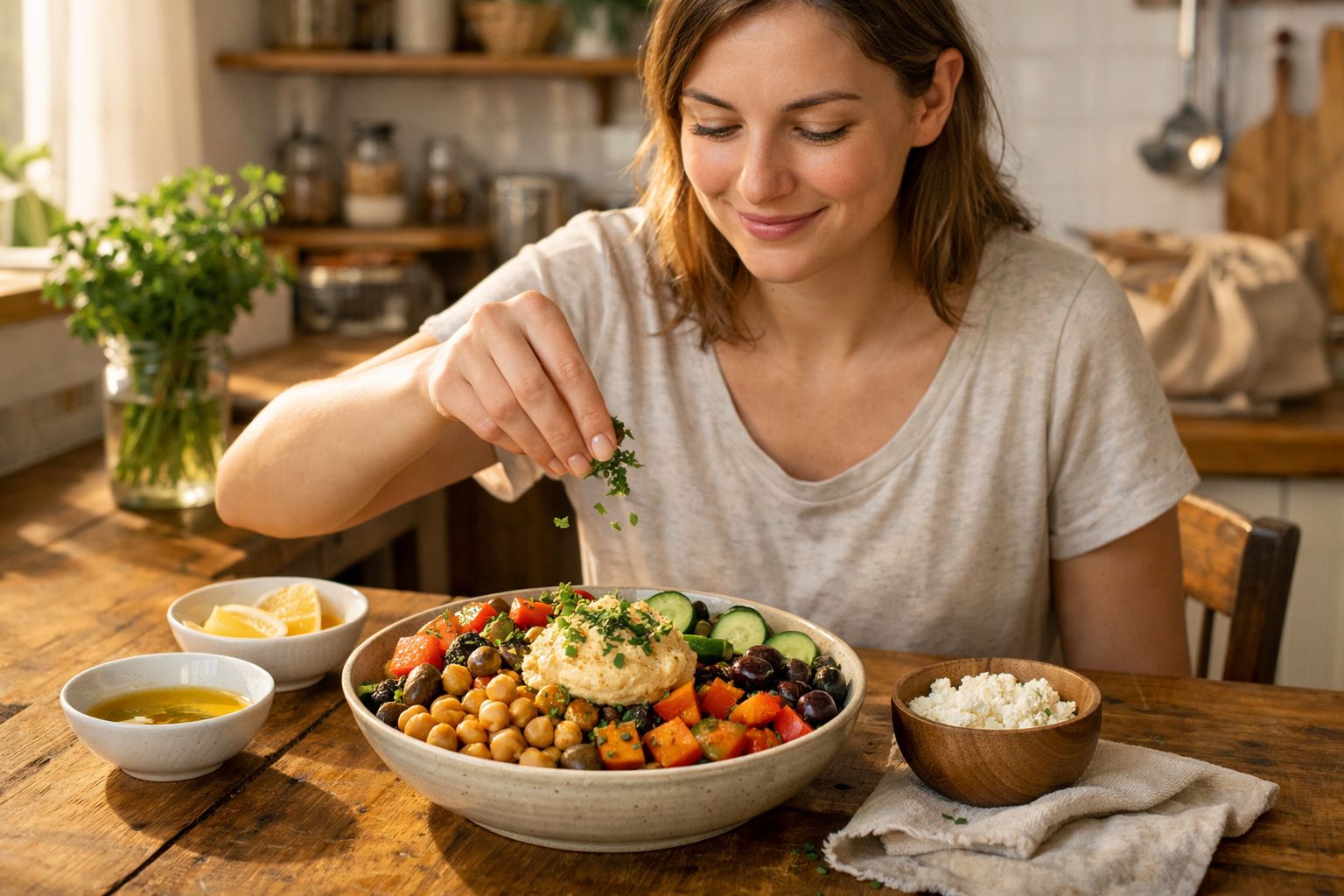 Mulher temperando salada colorida com grão de bico, legumes e homus em cozinha aconchegante.