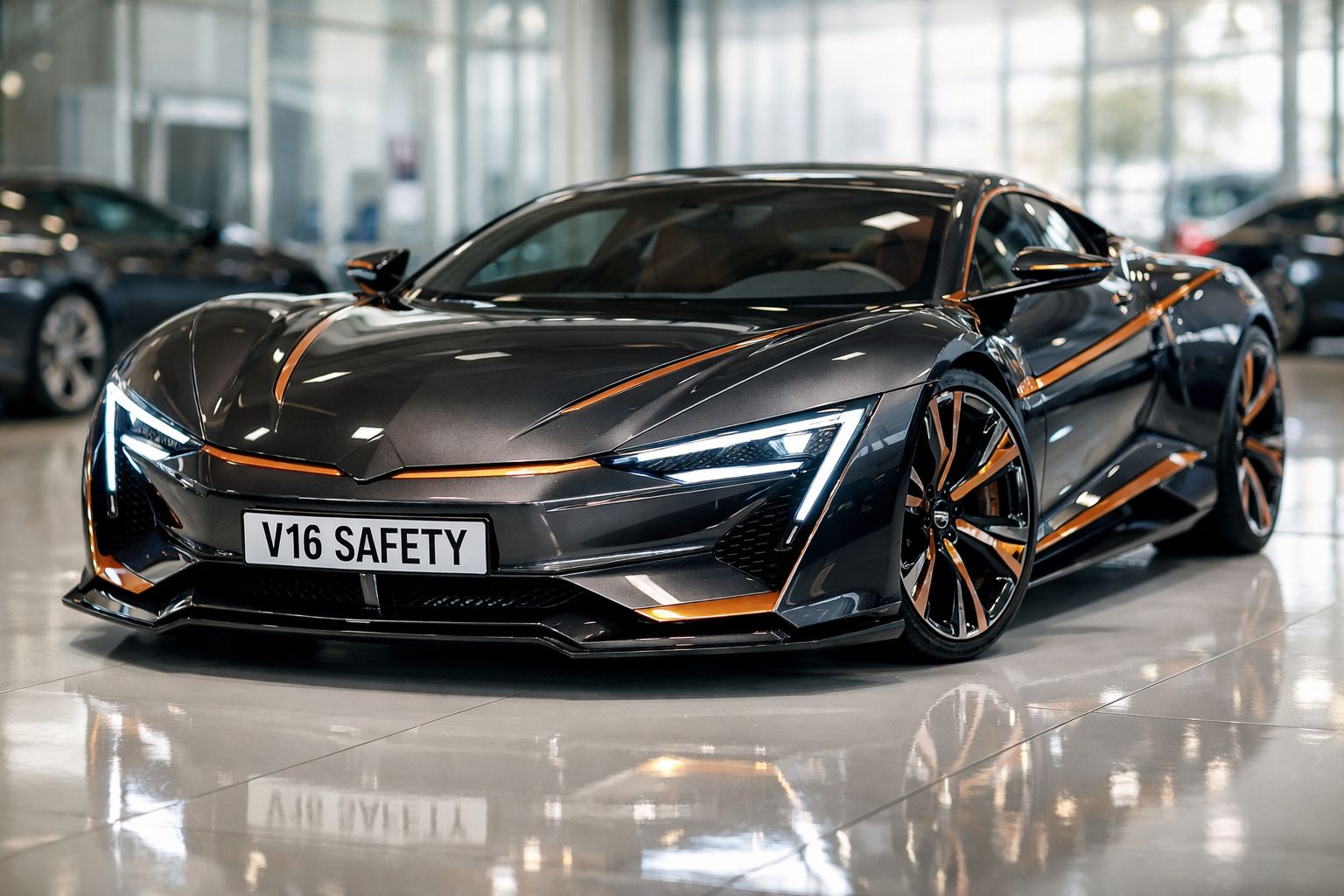 Carro esportivo cinza com detalhes laranja estacionado em showroom moderno e iluminado.