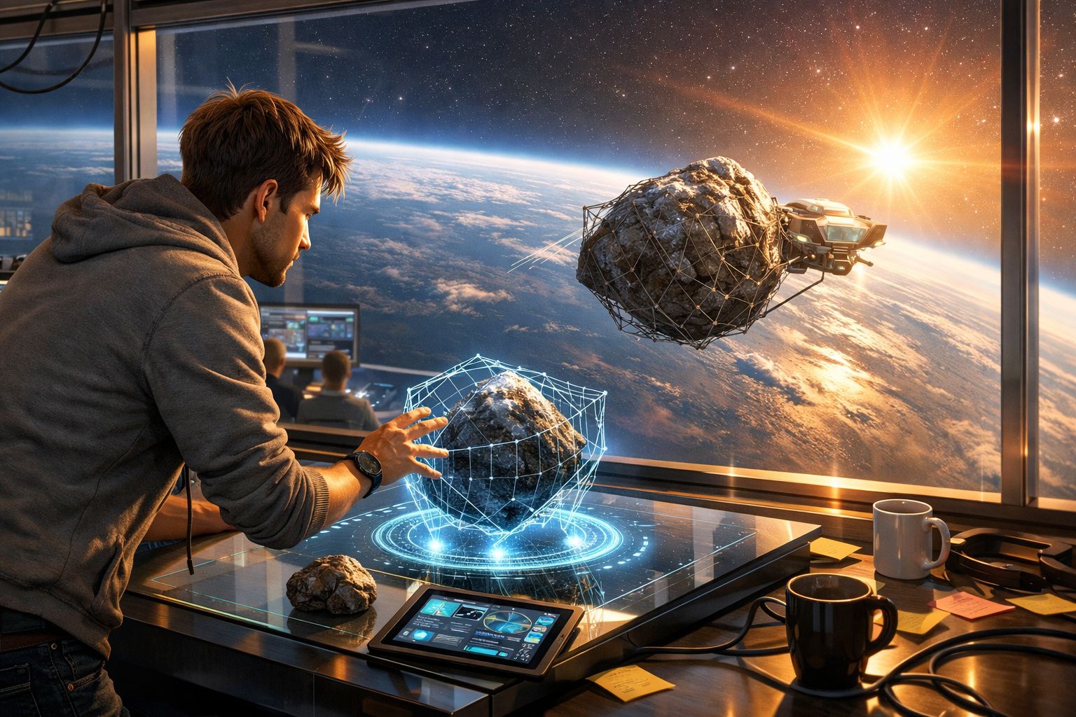 Homem interage com holograma 3D de asteroide em estação espacial com vista para a Terra e nave espacial.