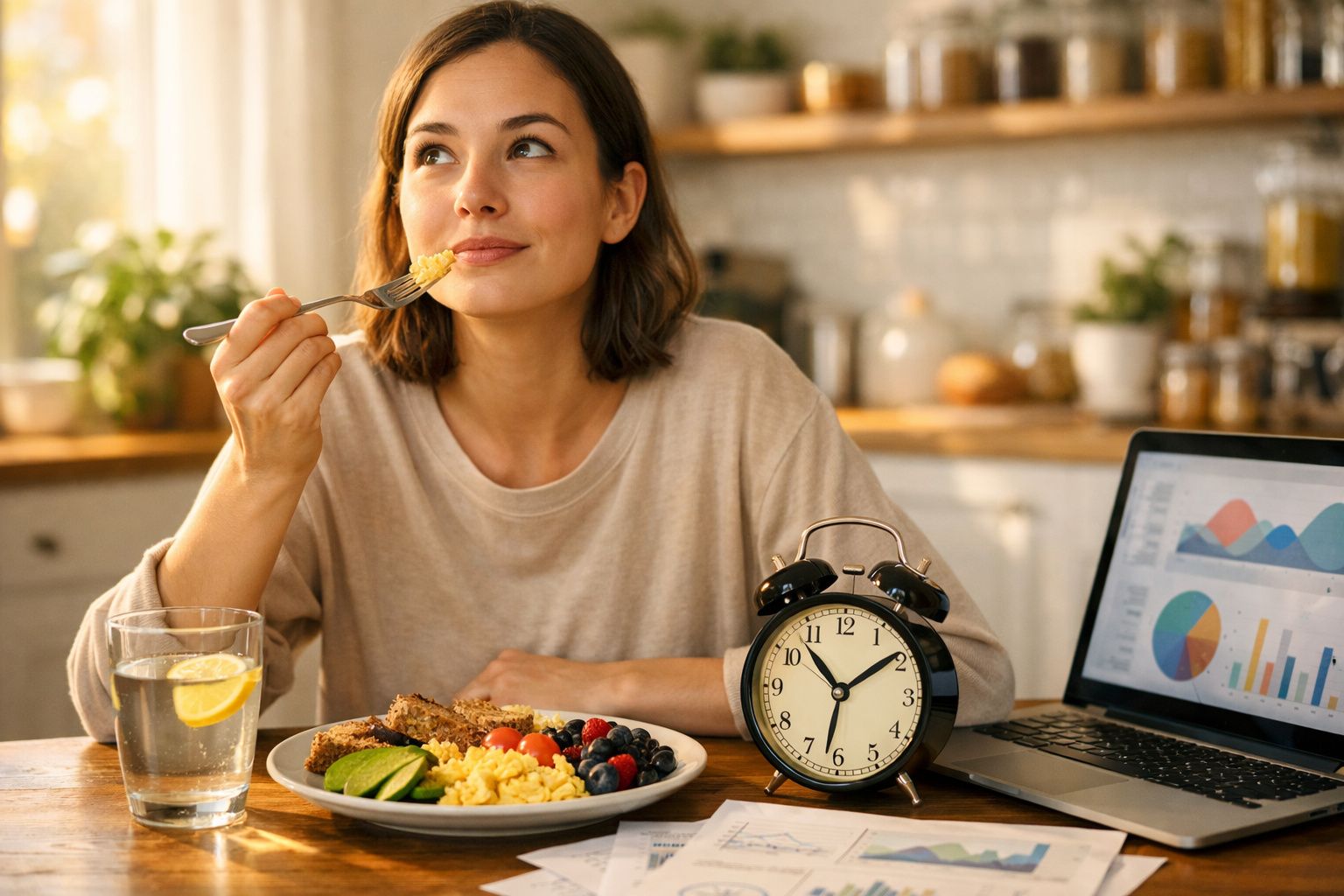Mulher sorrindo comendo café da manhã saudável ao lado de relógio e laptop com gráficos na cozinha.
