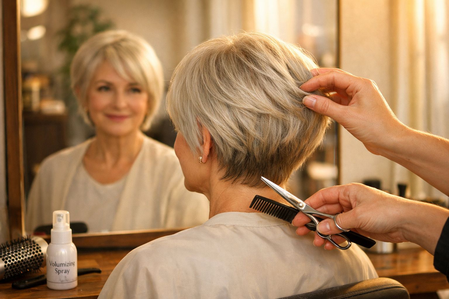 Mulher madura com cabelo curto loiro sendo cortado em salão, olhando o reflexo no espelho.