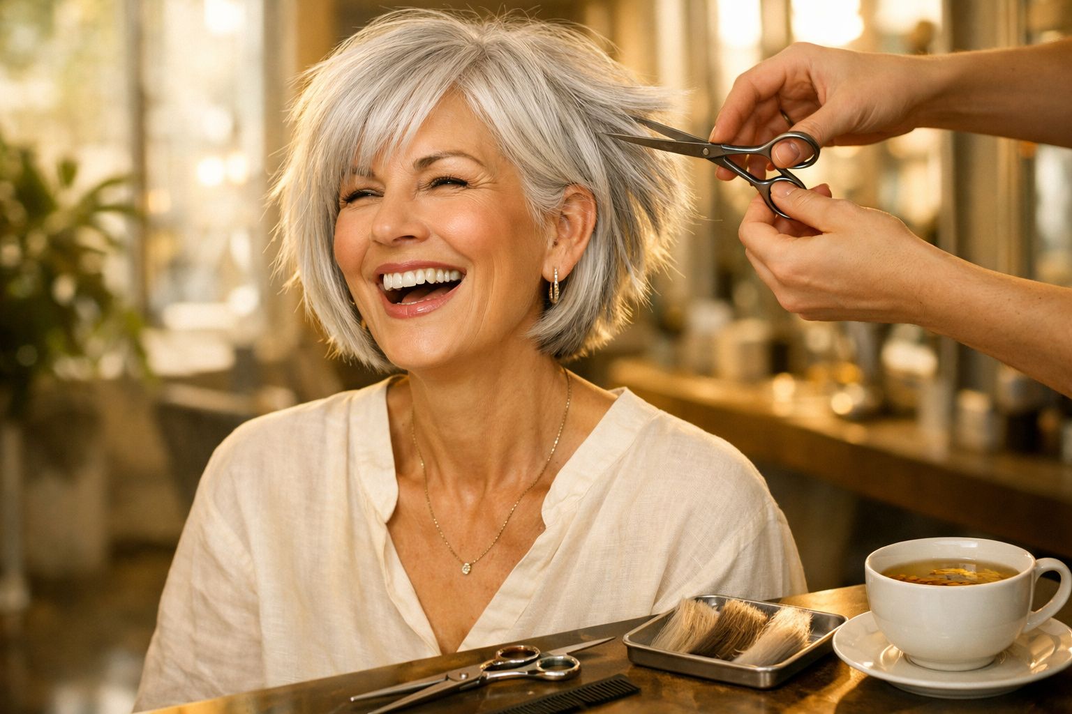 Mulher sorridente com cabelo grisalho sendo cortado em salão, ao lado xícara de café e pincel de cabelo.