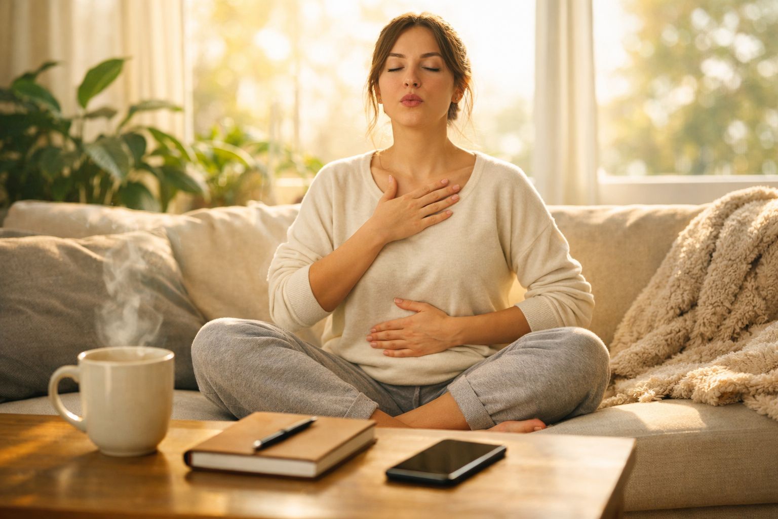 Mulher sentada de pernas cruzadas no sofá meditando com uma mão no peito e outra no abdômen.