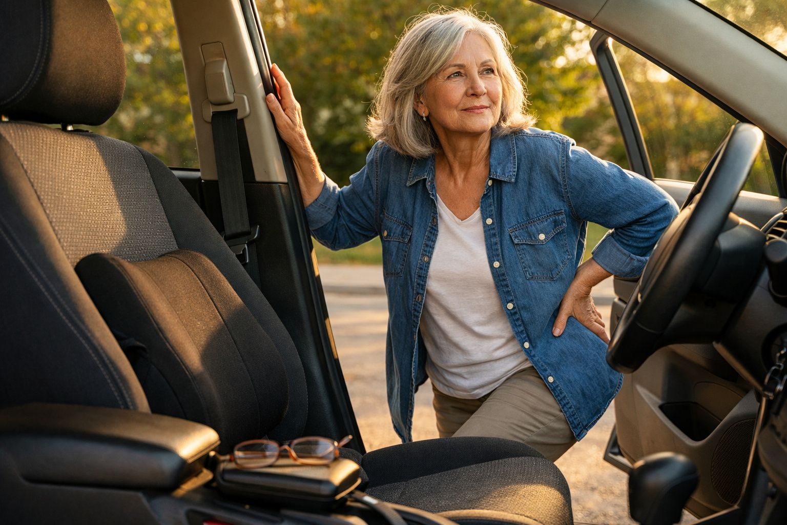 Mulher madura abrindo a porta do carro ao ar livre ao entardecer, com expressão pensativa.