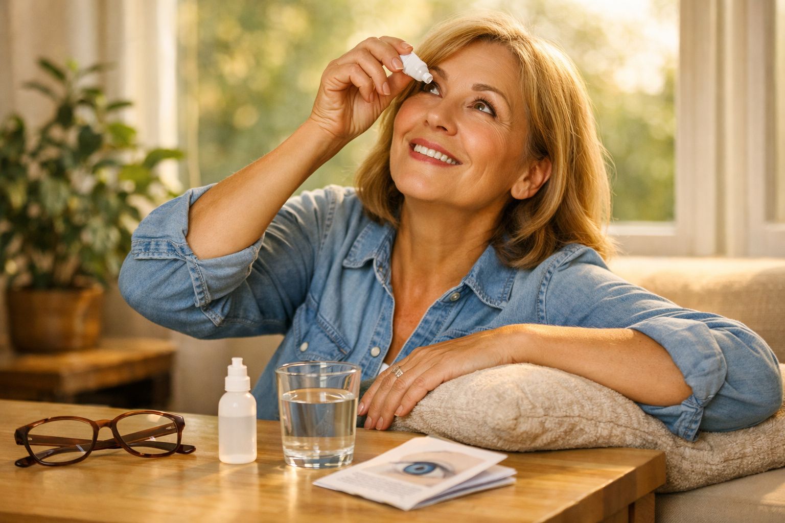 Mulher aplicando colírio nos olhos sentada no sofá, ao lado de copo d'água e óculos na mesa.