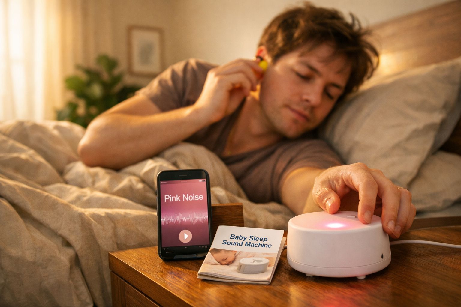 Homem na cama ajusta aparelho de som para dormir ao lado de celular com som rosa e folheto explicativo.