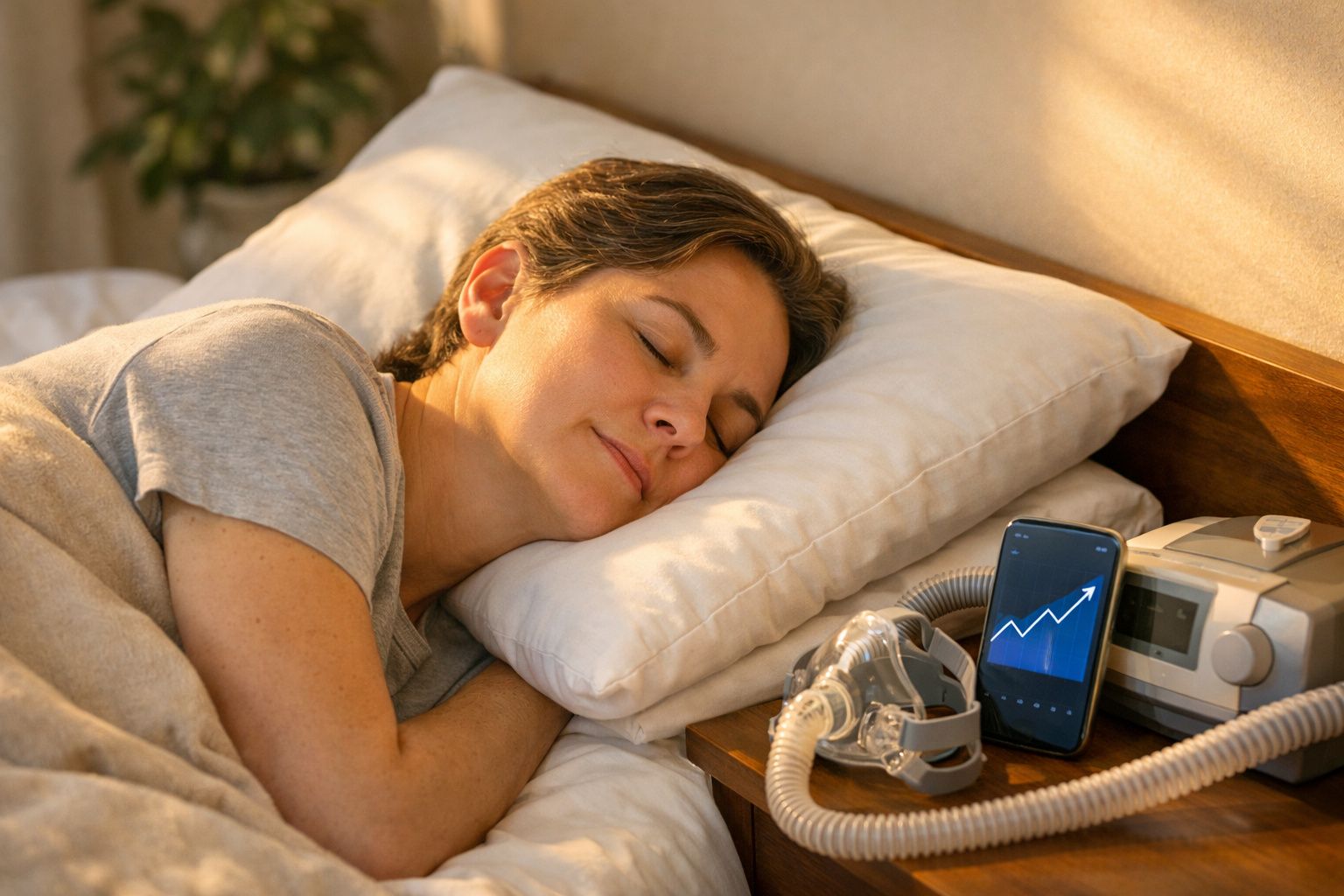 Mulher dormindo com aparelho de CPAP ligado ao lado da cama em ambiente iluminado pela manhã.