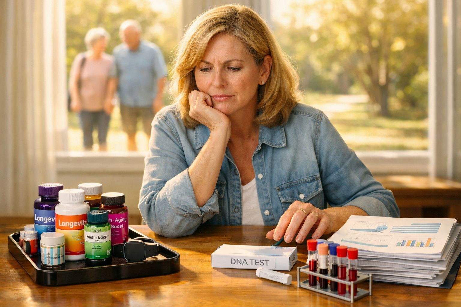 Mulher olhando pensativa para kit de teste de DNA e suplementos em mesa com papéis e tubos de sangue.