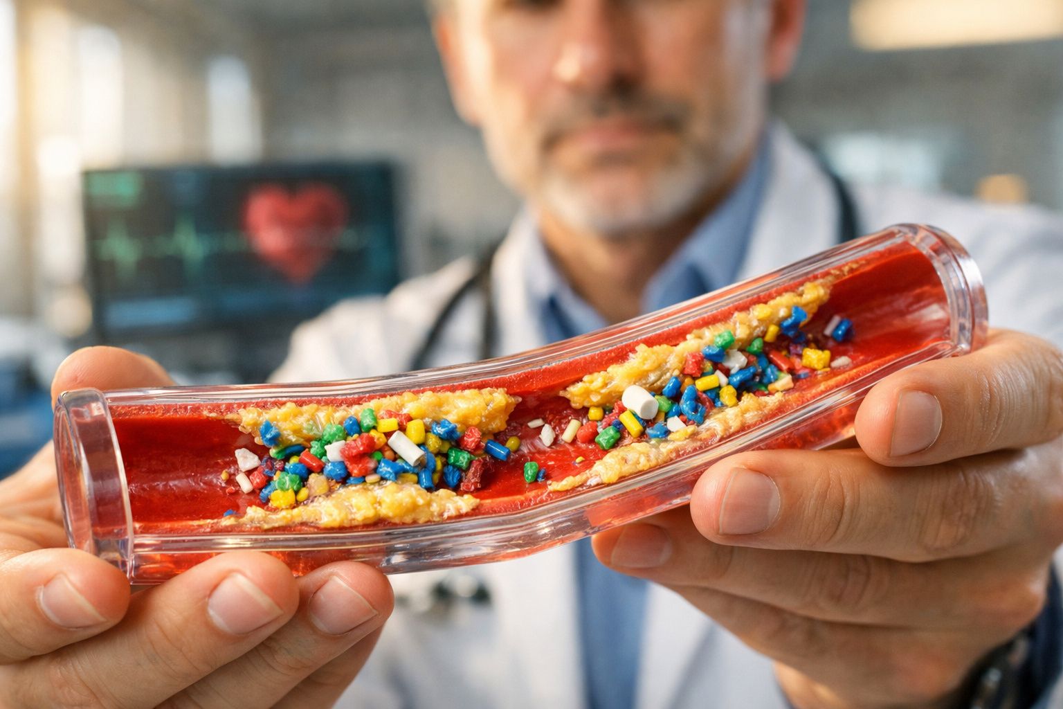 Modelo em 3D de artéria com placa de ateroma colorida segurada por médico com jaleco branco.