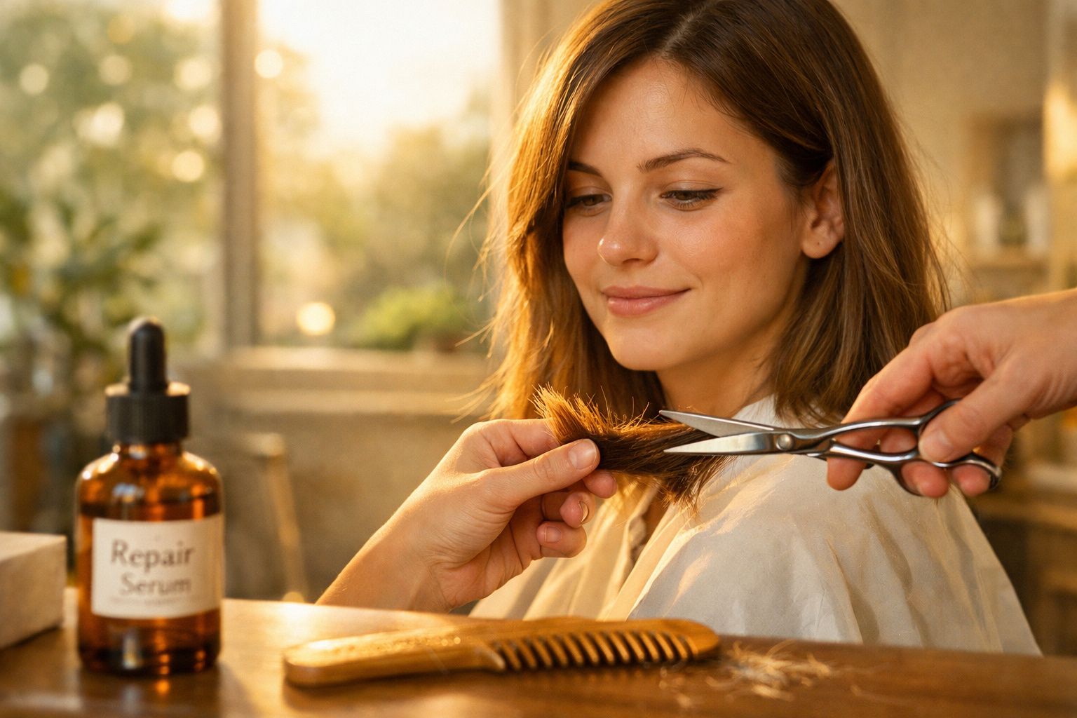 Mulher sorrindo recebendo corte de cabelo, com frasco de sérum de reparo ao lado.