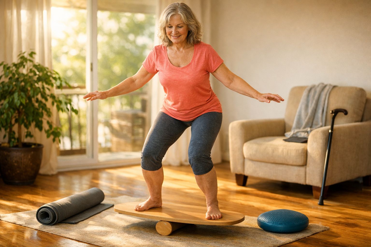 Mulher idosa praticando equilíbrio em prancha de madeira em sala iluminada com objetos de fisioterapia.