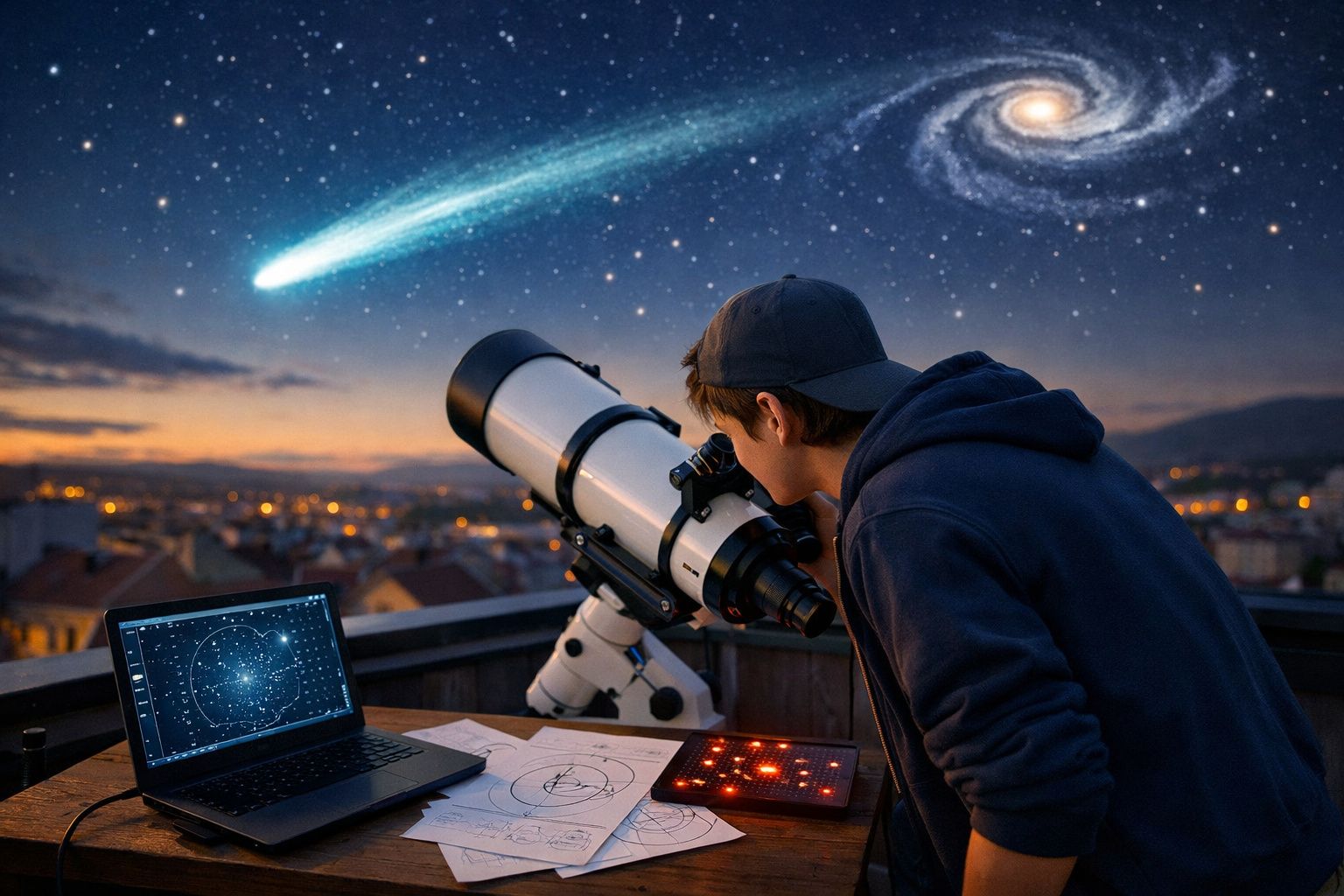 Jovem observa céu noturno com telescópio, notebook, mapas estelares e cometa brilhante no horizonte.