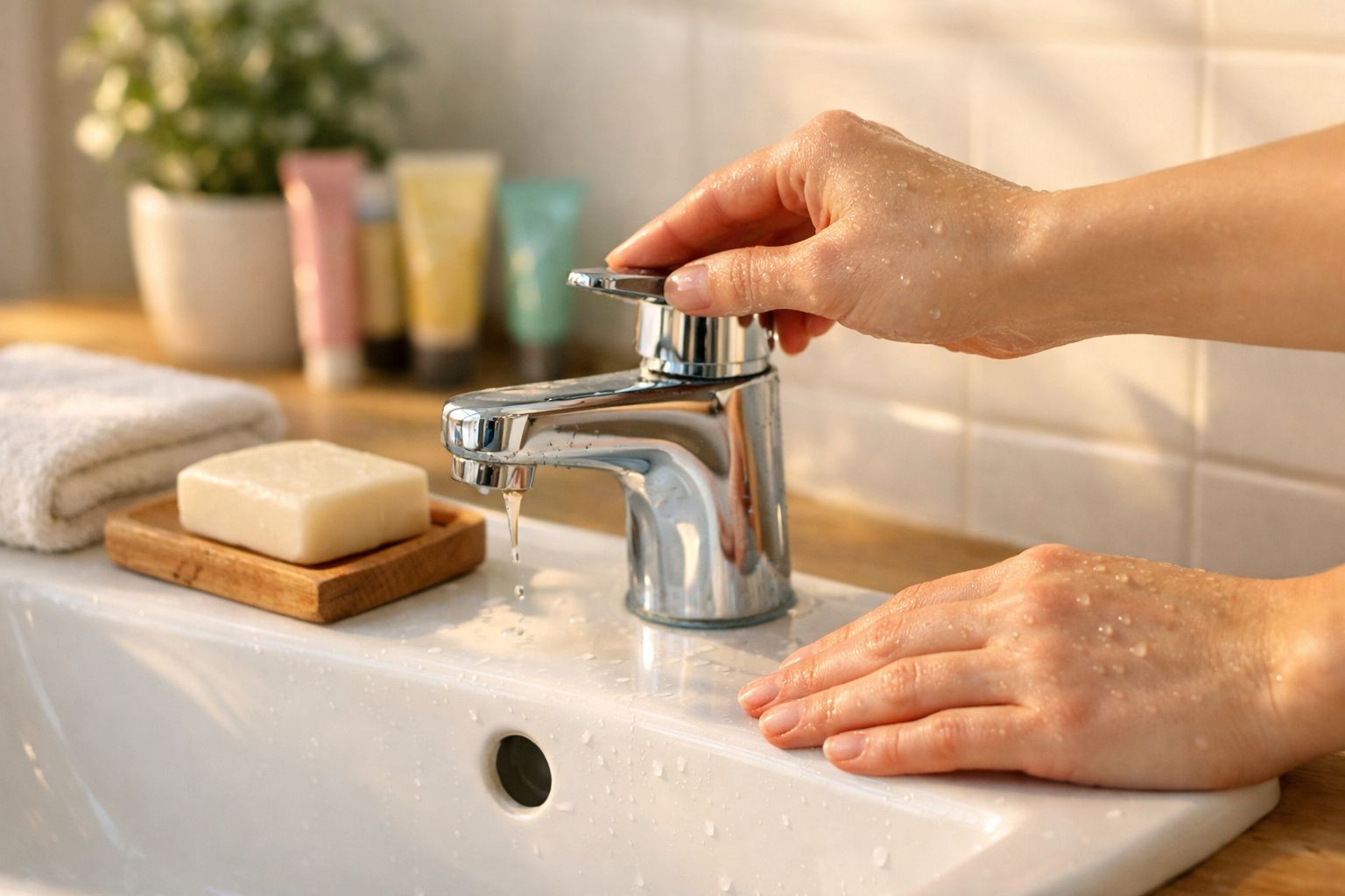Mãos molhadas ligando torneira cromada em pia branca com sabonete e toalhas ao fundo.