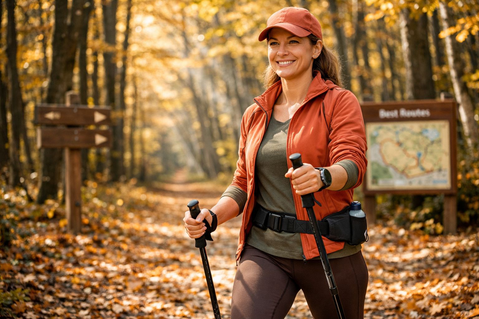 Mulher sorridente caminhando com bastões em trilha de floresta no outono.