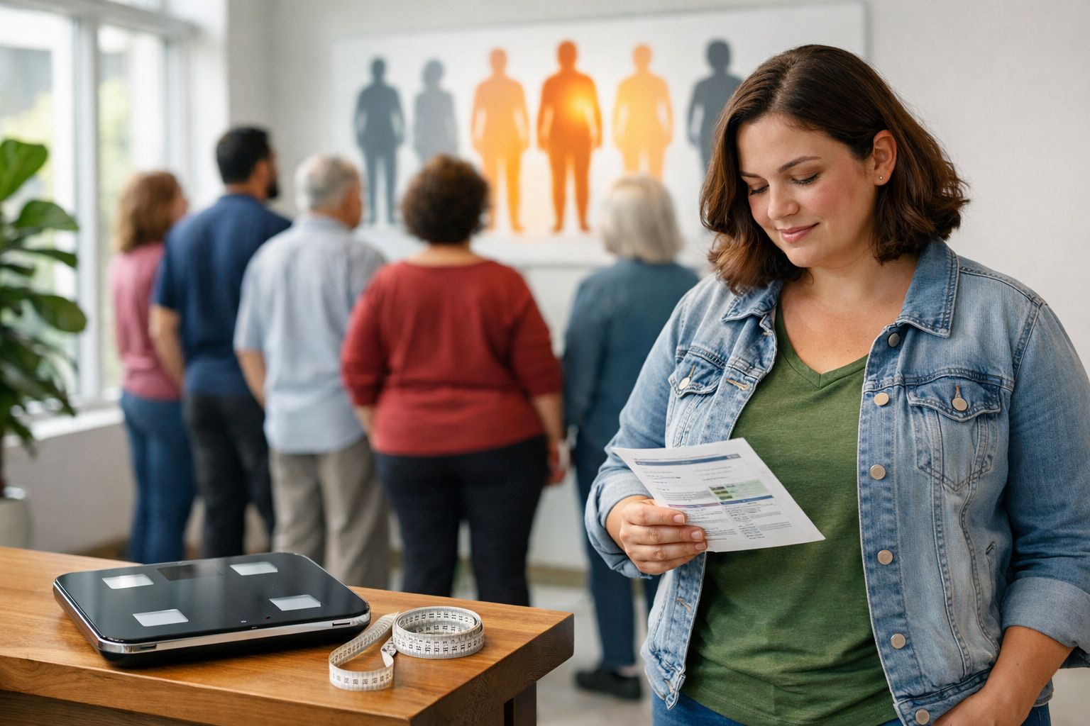 Mulher checando resultados com balança e fita métrica à frente, grupo olhando quadro sobre saúde ao fundo.