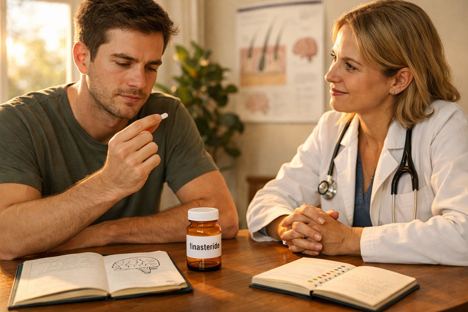 Homem analisando comprimido enquanto mulher médica observa, com frasco de finasterida e livros sobre mesa.