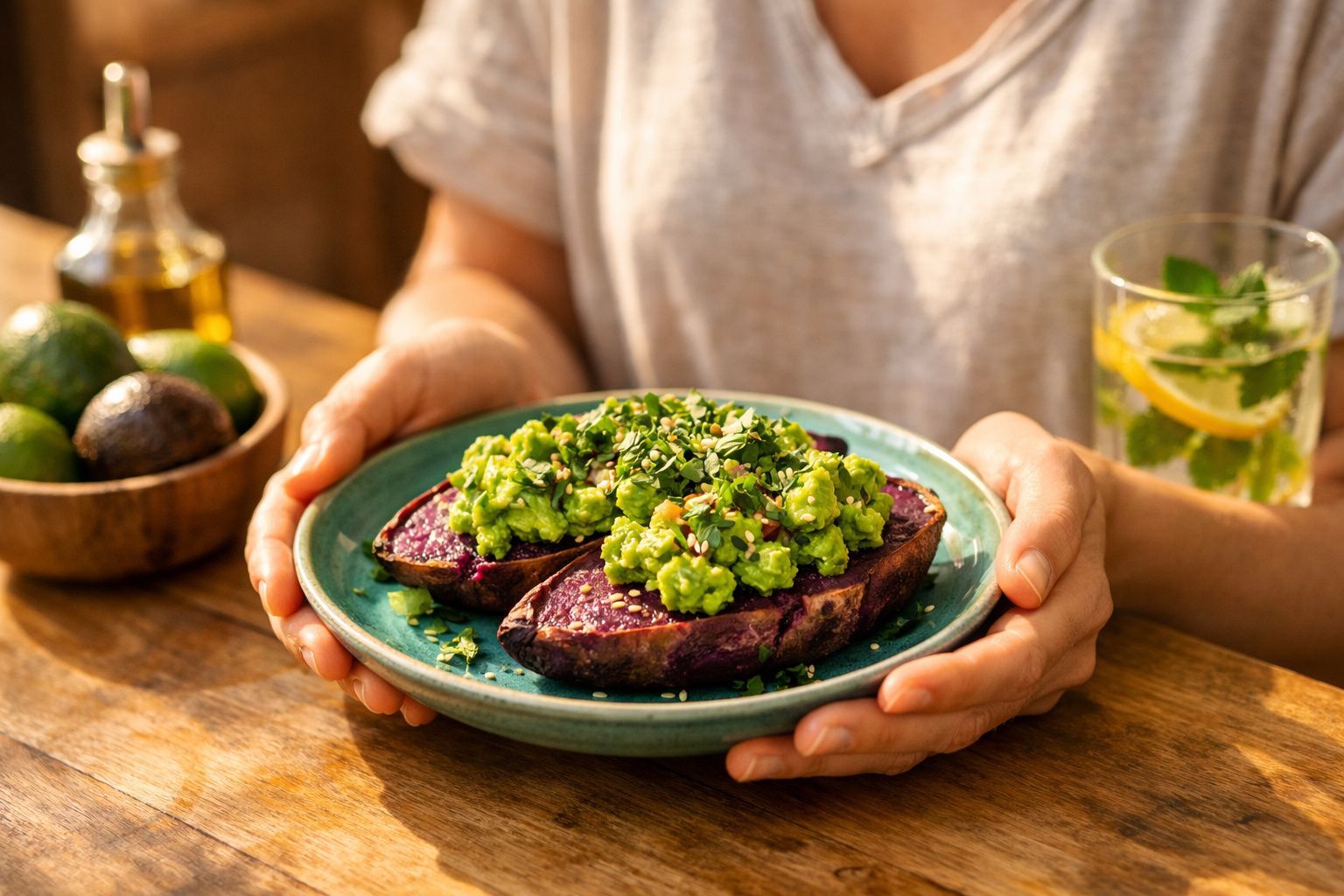 Pessoa segurando prato com batata-doce roxa recheada de guacamole, temperada com sementes e ervas verdes.