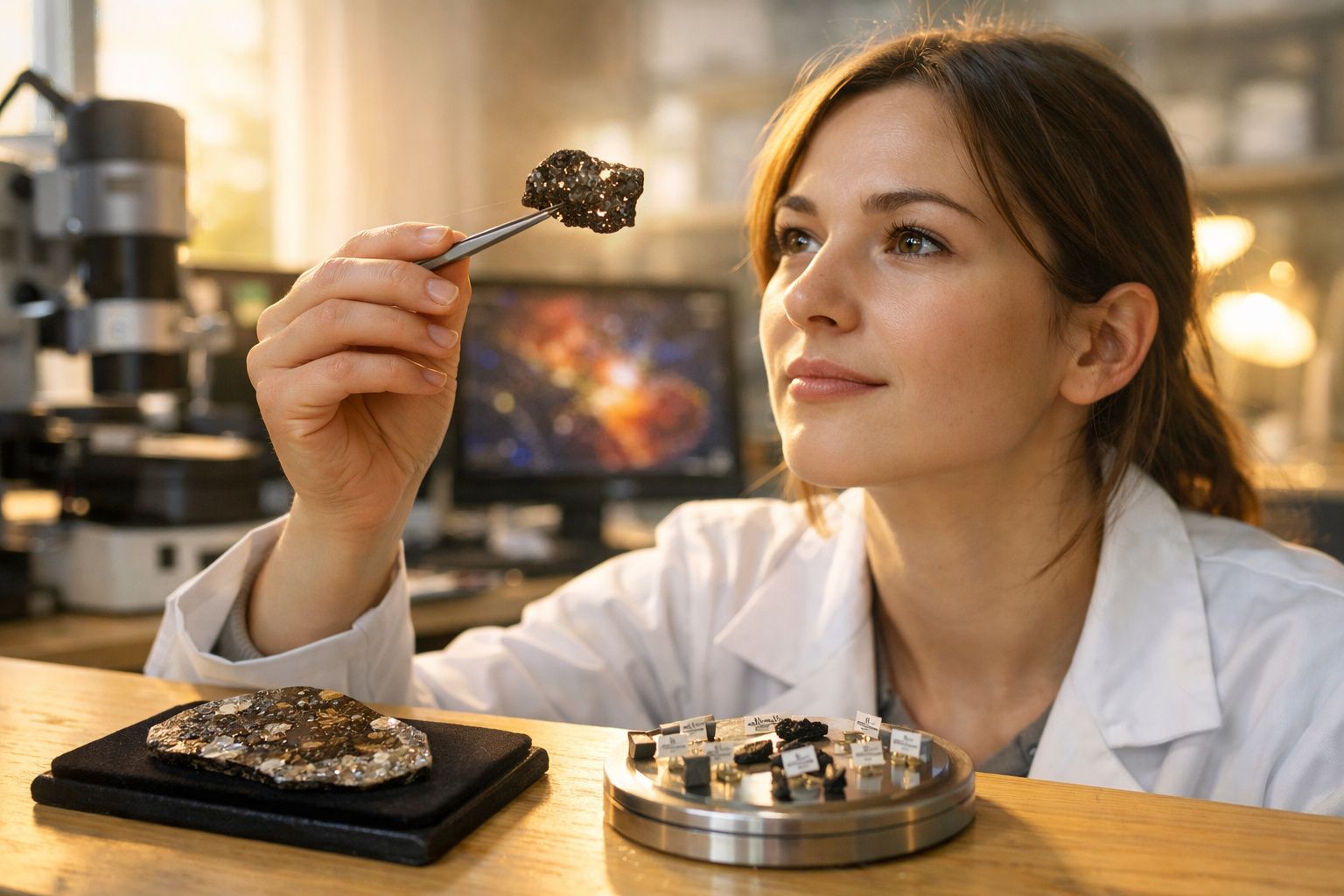 Cientista mulher em laboratório analisando uma amostra de rocha com pinça, perto de microscópio e monitor.