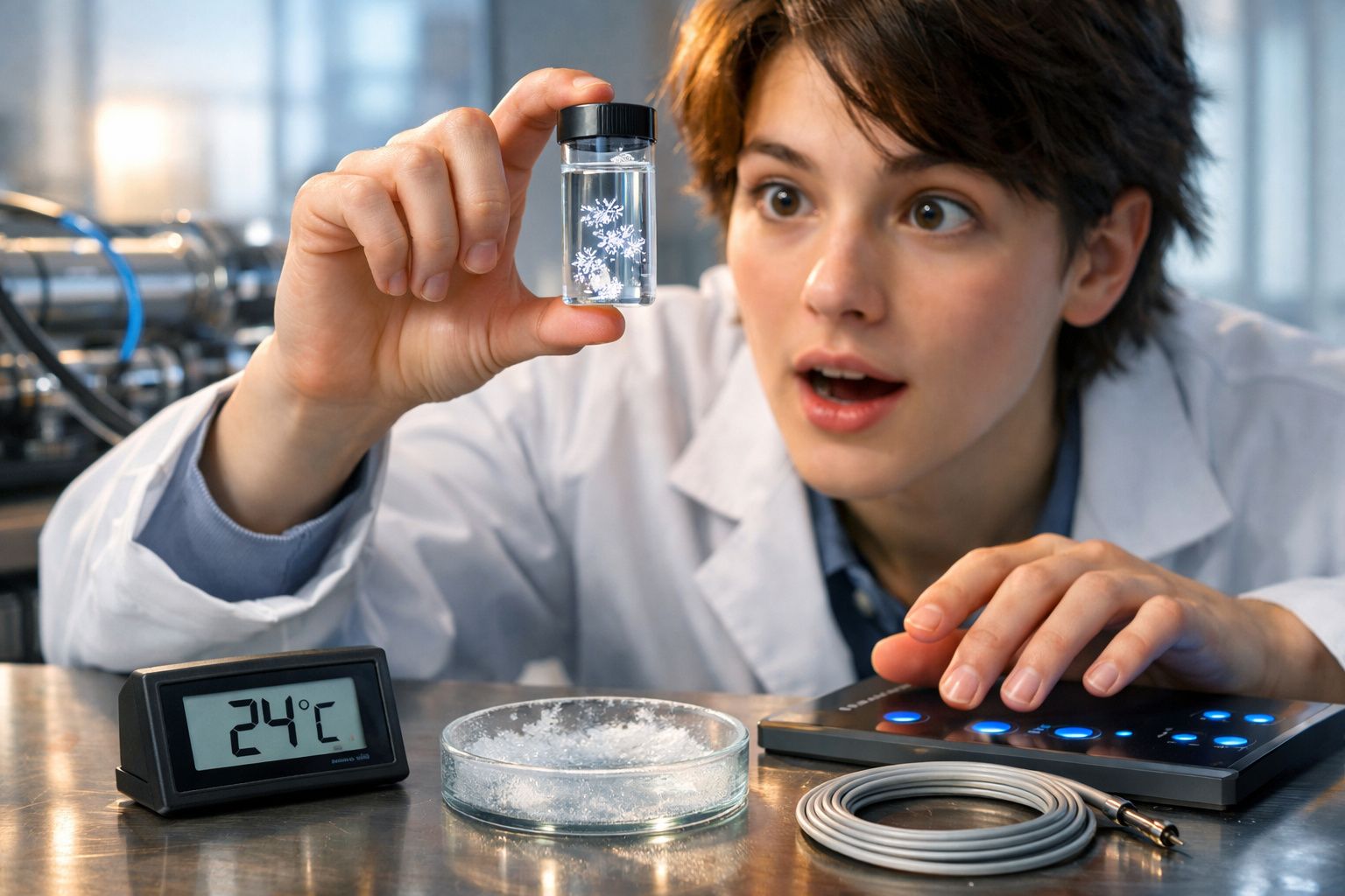 Cientista surpresa em laboratório segurando frasco com flocos de neve artificiais, ao lado de termômetro e equipamentos.