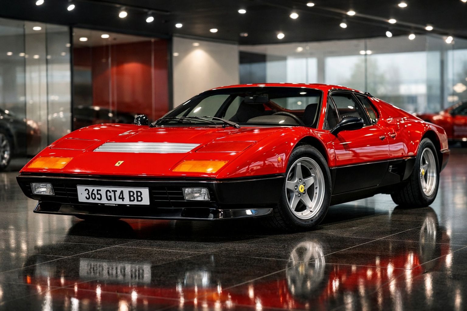Carro esportivo Ferrari 365 GT4 BB vermelho com detalhes pretos em exposição interna.