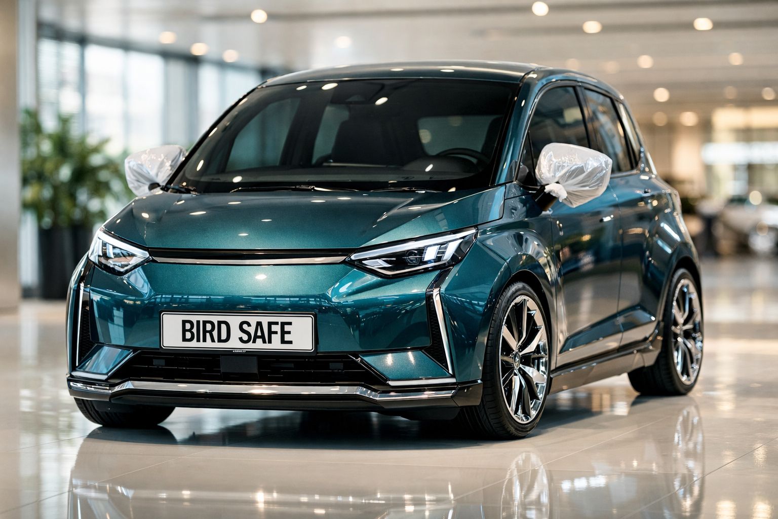 Carro urbano verde metálico com placas "BIRD SAFE" em showroom moderno com iluminação natural.