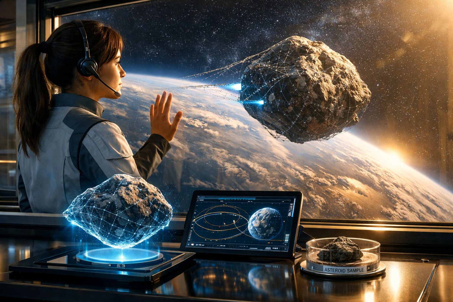 Mulher controla monitoramento de asteroides próximos à Terra em sala com tecnologia avançada.