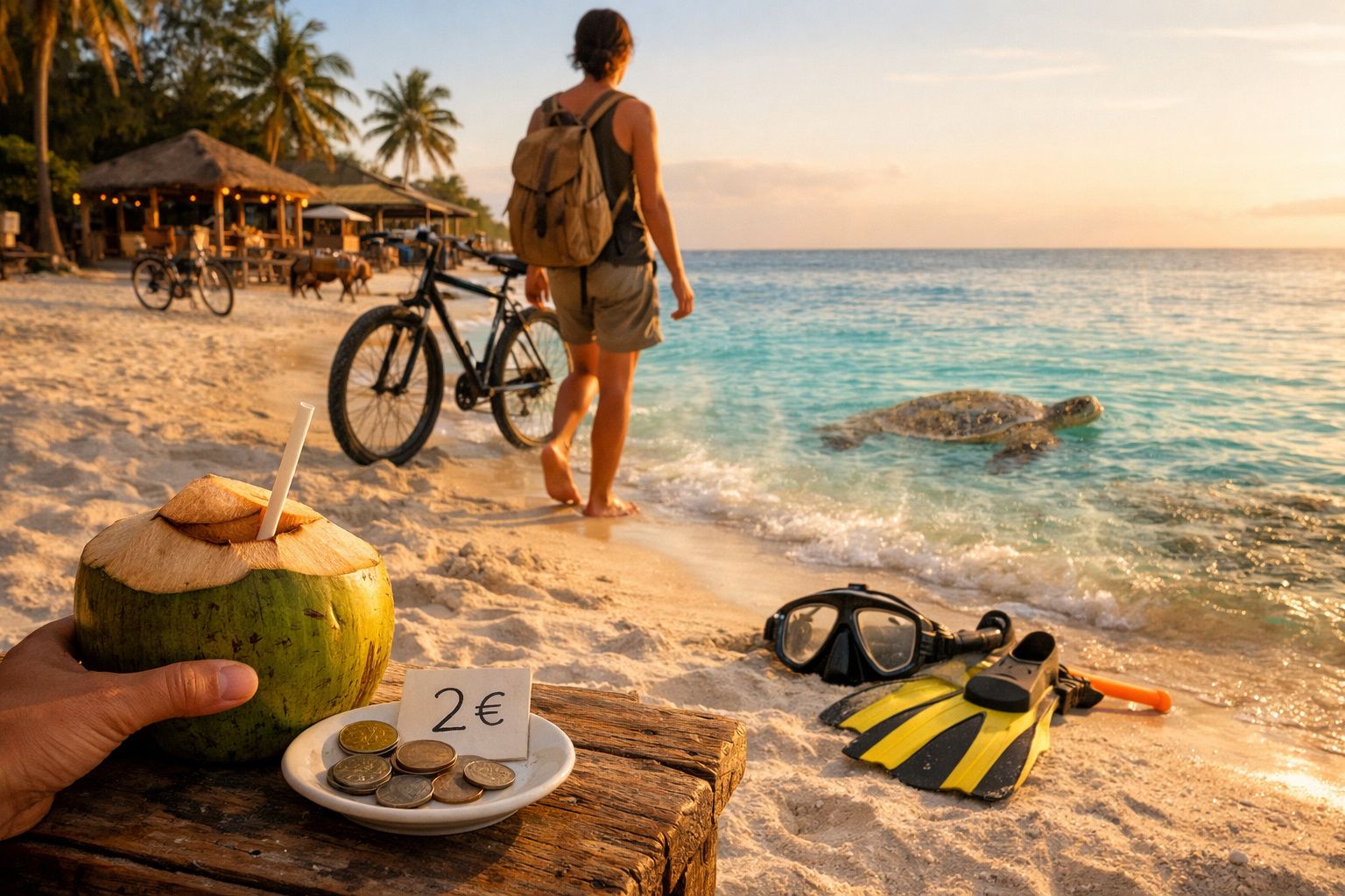 Pessoa com mochila caminha na praia ao pôr do sol, com tartaruga no mar e equipamento de mergulho na areia.