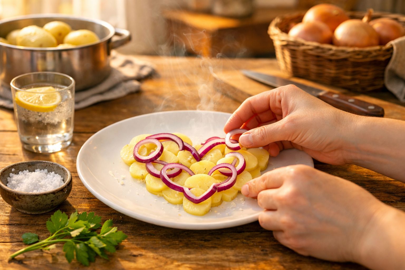 Mãos decorando prato com fatias de batata em formato de coração e rodelas de cebola roxa em mesa de madeira.
