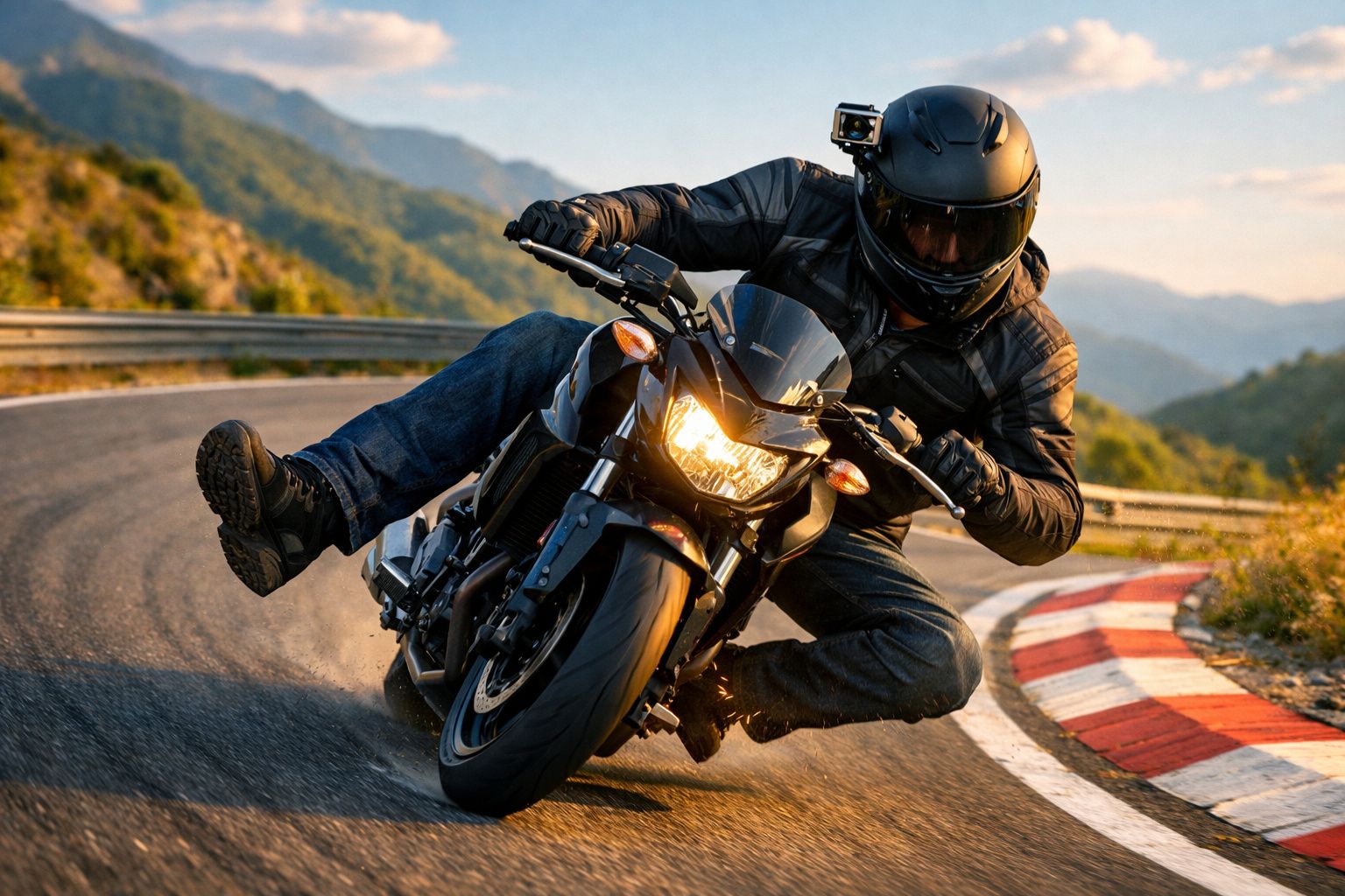 Motociclista com capacete e câmera montada realiza curva em alta velocidade em estrada sinuosa na montanha.