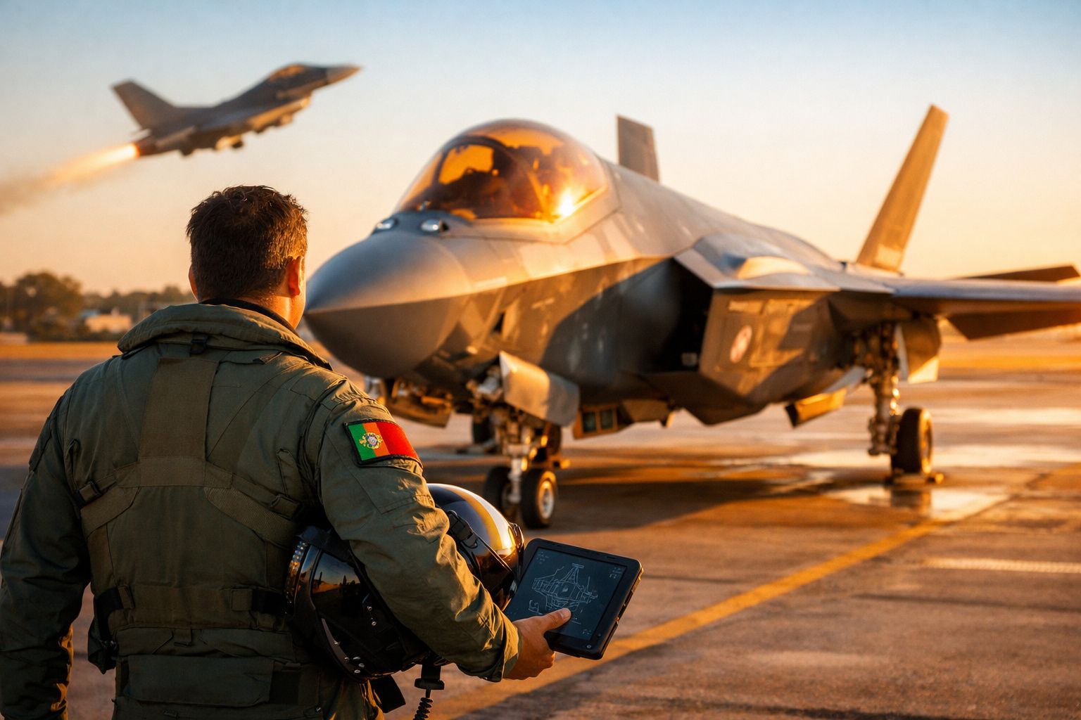 Piloto militar com uniforme e capacete observa caça estacionado no chão ao pôr do sol, com outro avião decolando ao fundo.