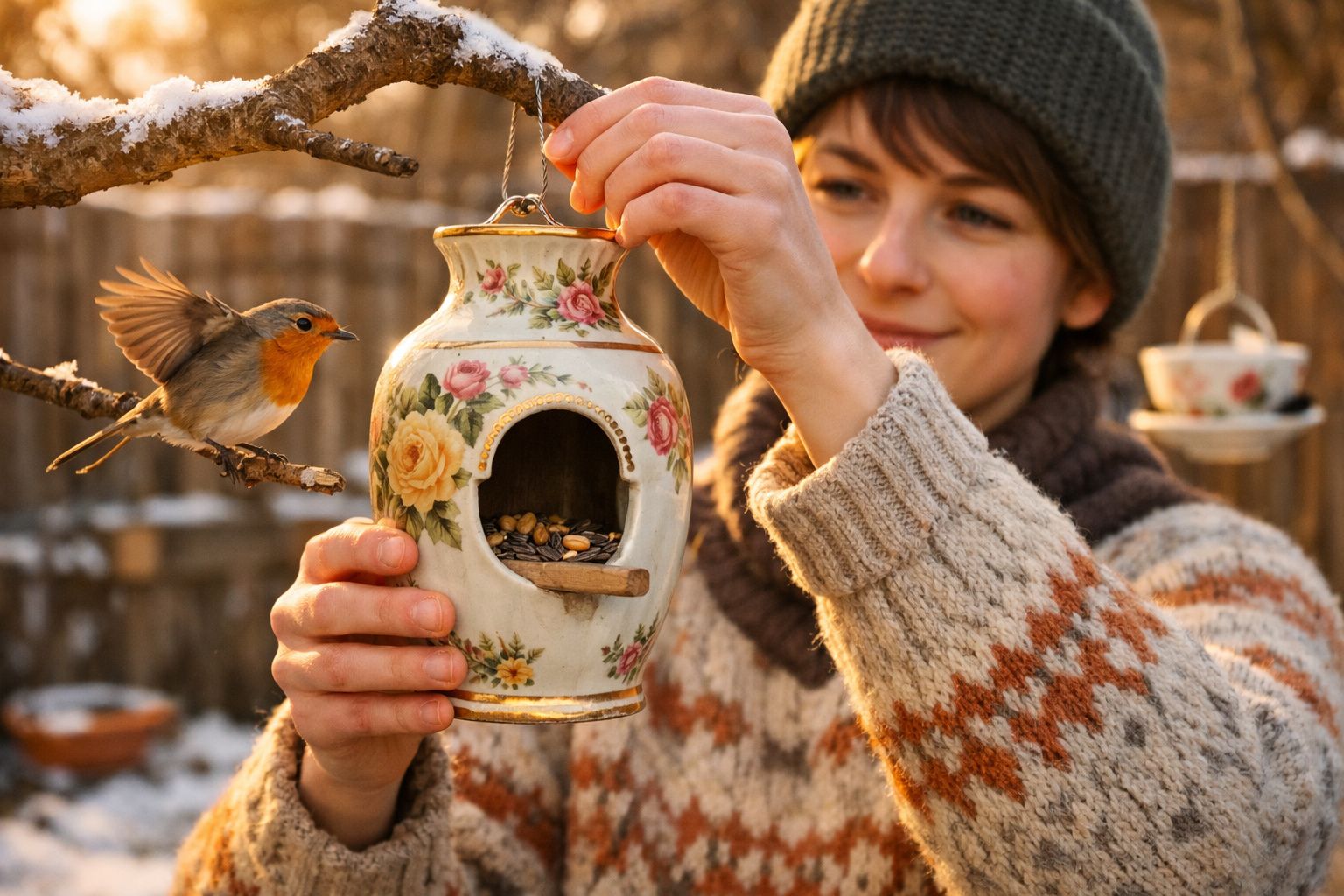 Mulher segurando comedouro floral para pássaros enquanto um pássaro voa em galho próximo no inverno.