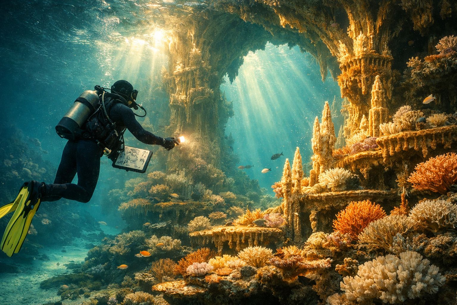 Mergulhador explorando recife de corais iluminado por raios solares em caverna subaquática.