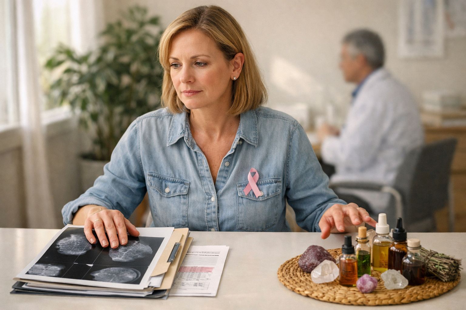 Mulher com laço rosa e exame de mama sentada à mesa com frascos de óleos essenciais e cristais.
