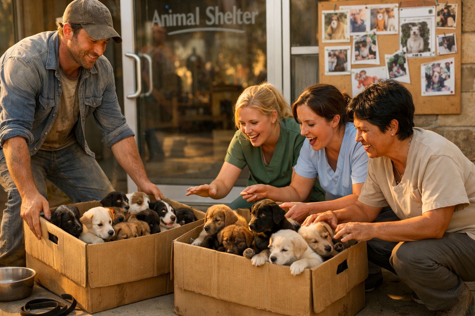 Quatro pessoas sorrindo enquanto acariciam cachorrinhos em caixas de papelão em ambiente iluminado.
