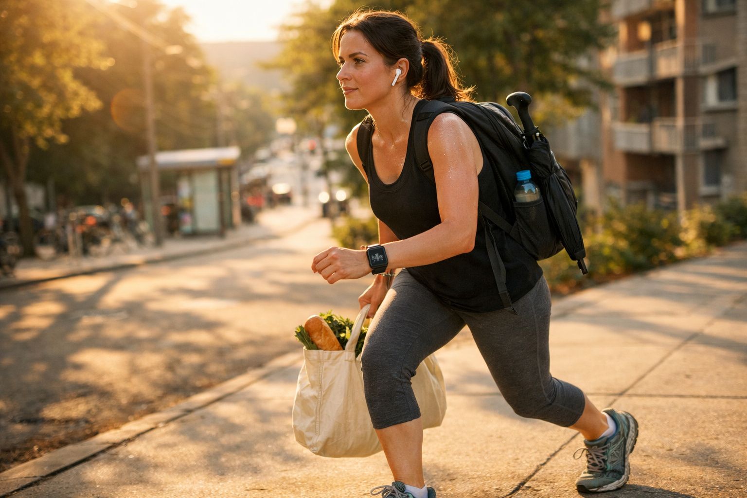 Mulher correndo na calçada com mochila e sacola de compras em um dia ensolarado na cidade.